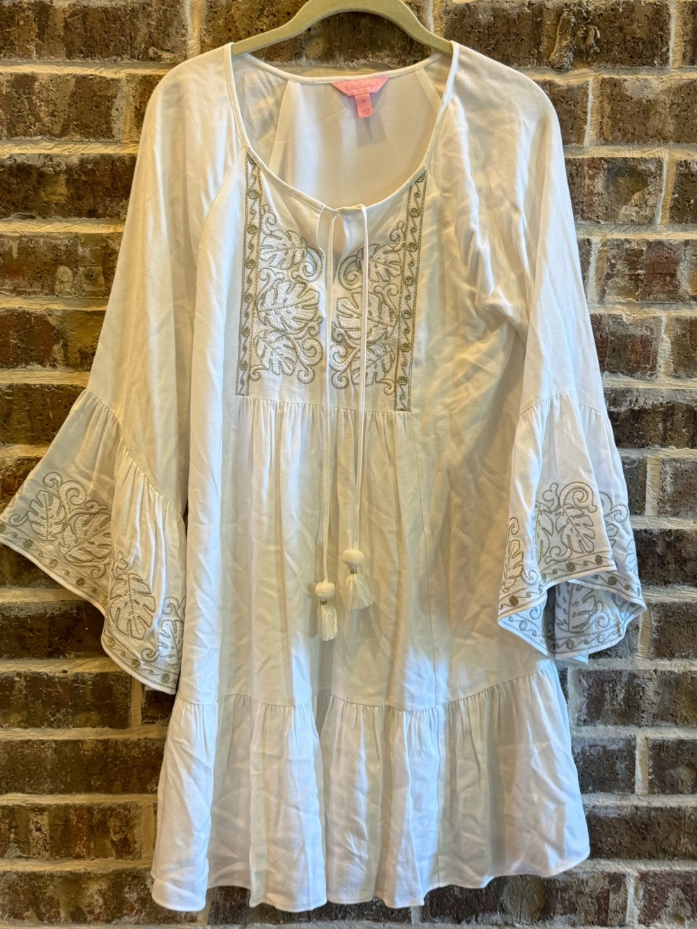Lilly Pulitzer White Embroidered Tassel Tunic Dress Bell Sleeve Cover-Up Size XS